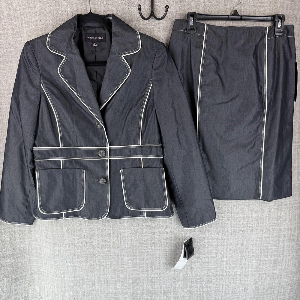 Isabel & Nina Skirt Suit Womens 10 Blue 2 Piece Lined Denim Tailored Workwear